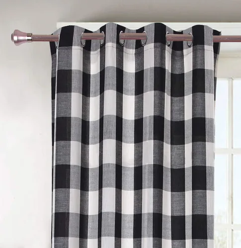Vista 2 de Decotex 2 paneles de cortina de ventana con ojales a cuadros de patio (2 paneles de 53 x 63 pulgadas, negro/beige)