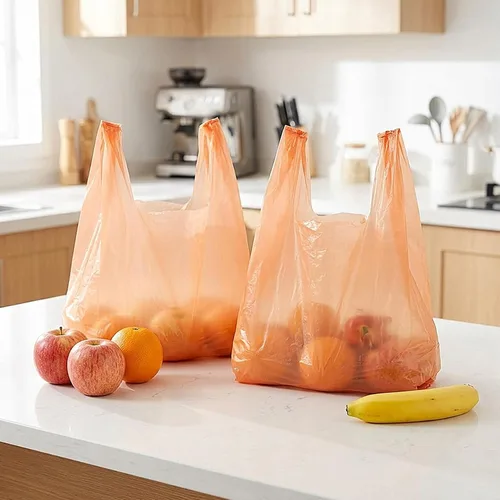 Vista 3 de LazyMe Bolsas de plástico para camisetas con asas a granel para compras y restaurantes, 12 x 20 pulgadas (naranja, 100 unidades) Plastic Grocery