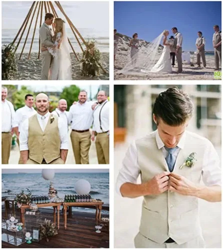 Vista 7 de Trajes de lino para hombre, 2 piezas, traje de esmoquin de graduación, playa, boda, padrino, chaleco y pantalones, conjunto casual de lino de verano