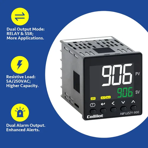 Vista 3 de Controlador de Temperatura PID, Coiliiot Voltaje AC100-240V, Pantalla LCD, Salida Dual de Relé y SSR, Salida Dual de Alarma, Termostato PID