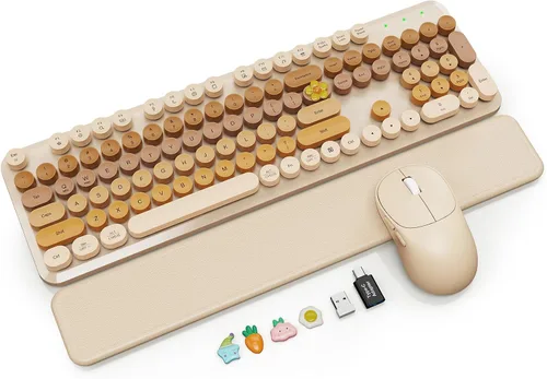 Vista 10 de Combo de teclado y mouse inalámbricos con reposamuñecas magnético, teclas redondas, teclado retro de tamaño completo, patas inclinables de dos Azul