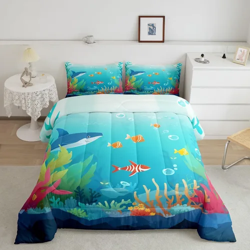 Vista 14 de Erosebridal Juego de edredón de ballena náutica, tamaño individual, juego de ropa de cama vintage azul con ondas oceánicas para niños y niñas