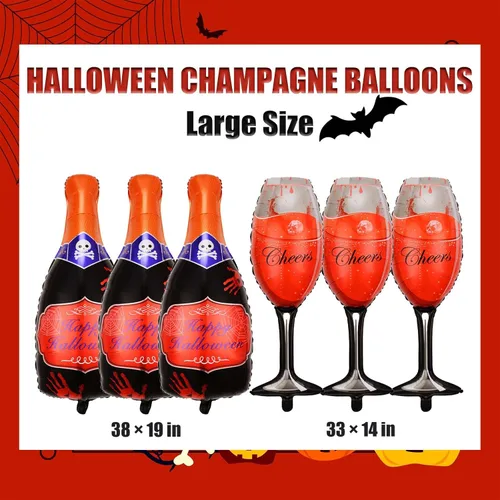 Vista 2 de Juego de 6 globos de Halloween, champán rojo y globos de copa de vino para decoraciones de fiesta de Halloween (champán)