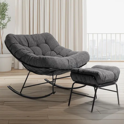 Vista 9 de Bme Mecedora de patio para exteriores e interiores, mecedora de metal con cojín grueso, cómoda y moderna silla mecedora para sala de estar, porche
