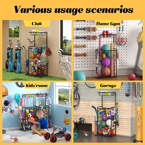 Vista 4 de Organizador de equipos deportivos, pequeño estante de almacenamiento de pelotas de garaje con correas elásticas y 3 ganchos, estante