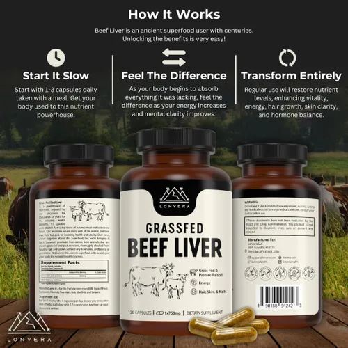 Vista 3 de Lonvera Suplemento de Hígado de Res Alimentado con Pasto – 3000 mg de Órganos Desecados Liofilizados – Fuente de Nutrientes para Articulaciones