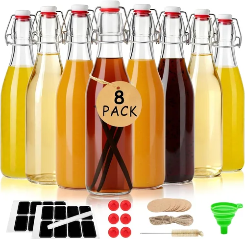 Vista 10 de Ruckae Paquete de 24 botellas de vidrio con tapa abatible de 4 onzas con tapas, botella de vidrio abatible de Kombucha Coquito para jarabe, extracto
