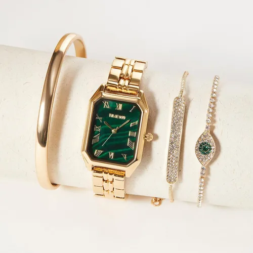 Vista 4 de TIME100 Women's Rectangle Bracelet Watch Set Premium Crystal Accented Bangle Watch W50889L Dorado