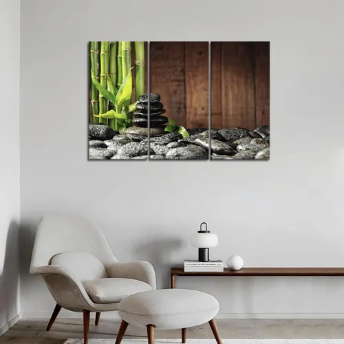 Vista 4 de Arte de pared Zen de 3 paneles, lienzo de bambú, color verde, spa, fondo de madera, cuadros impresos en lienzo, cuadro botánico para decoración