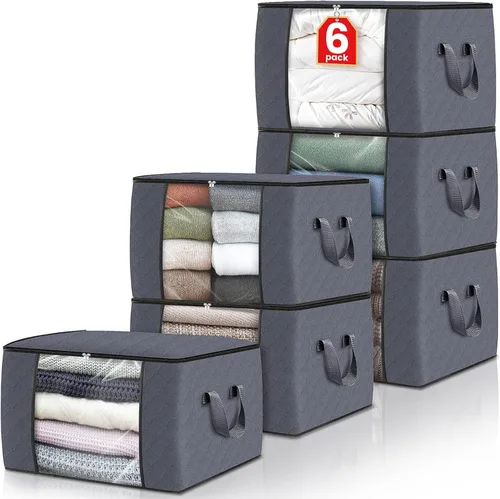 Vista 35 de Fab totes Paquete de 3 bolsas de almacenamiento plegables de tela gruesa, contenedores para organizar dormitorio, armario, ropa, edredón, Beige