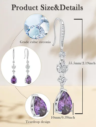 Vista 6 de Aretes colgantes de lágrima grande de boda con piedras natales de 0.394 x 0.551 in, aretes largos de plata de ley para mujer, regalos de joyería