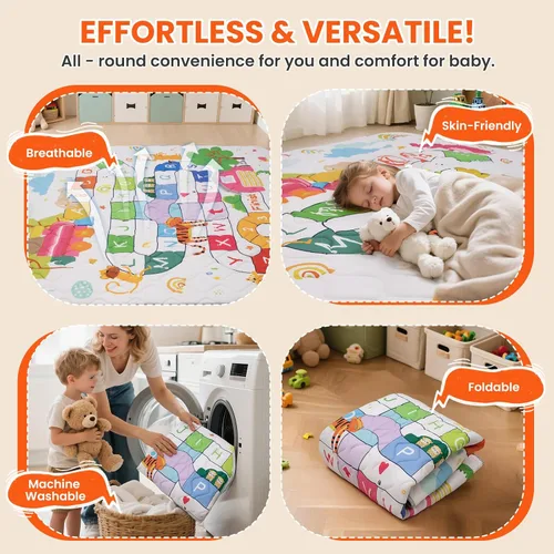 Vista 6 de Alfombra de Juego para Bebé para Piso, 50x50 Pulgadas de Acolchado Suave, Alfombra de Gateo Plegable y Lavable a Máquina, Gruesa para Bebés y Niños
