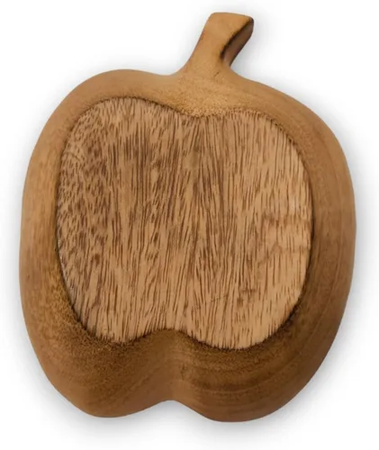 Vista 5 de Cuenco de madera tallada de 7 pulgadas de largo con forma de fruta de manzana marrón – Vajilla de madera coleccionable funcional hecha a mano