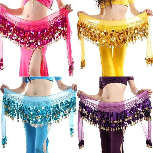 Vista 5 de Pañuelo para danza del vientre, falda para danza del vientre, monedas de lentejuelas brillantes, disfraces de bailarina del vientre para mujer