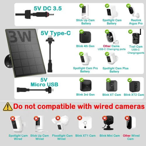 Vista 2 de Panel solar de 6000 mAh para cámara de seguridad Batería integrada de 3 W, micro USB de 5 V y USB-C y puerto CC de 0.138 in para cámara de batería