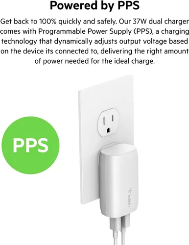 Vista 3 de Belkin Bloque de carga USB C de 37 W - Puerto USB-C de 25 W + puerto USB-A de 12 W para carga PPS Apple iPhone 17, Air, Pro, Pro Max, AirPods