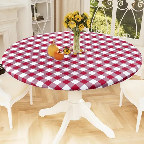 Vista 43 de Smiry - Mantel redondo de picnic de vinilo elástico impermeable con respaldo de franela, mantel de vinilo ajustable para mesas de 31-35 pulgadas