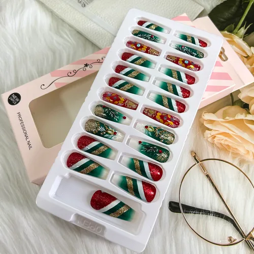 Vista 5 de Uñas postizas largas a presión de Navidad, uñas acrílicas artificiales con diamantes de imitación, diseño de árbol de Navidad, uñas postizas