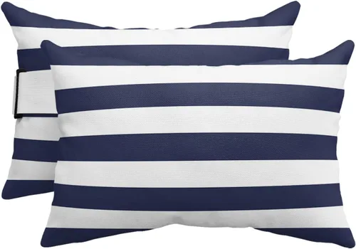 Vista 8 de Almohada reclinable para la cabeza con inserto, almohada lumbar de rayas azul marino y blancas con correa ajustable, almohadas de patio impermeables