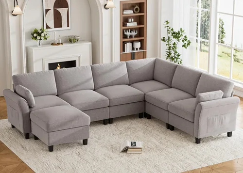 Vista 23 de Legend Vansen Sofá modular seccional, cómodo sofá modular en forma de U de 6 asientos con espacio de almacenamiento y diván, sofás seccionales Crema