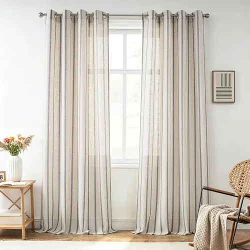 Vista 22 de DriftAway Cortinas de estilo granja con rayas verticales de lino mezclado texturizado con filtro de luz semitransparente para sala de estar