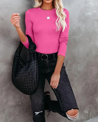 Vista 4 de VICHYIE Camisetas de otoño de manga larga con cuello redondo y cuello redondo para mujer, ajustadas, informales, básicas, blusas de otoño