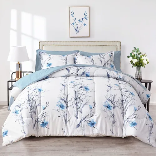 Vista 8 de Juego de edredón de 7 piezas tamaño Queen, diseño floral beige, de microfibra suave, para todas las estaciones