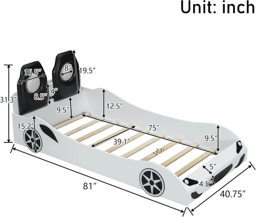 Vista 2 de Twin Size Race Car-Shaped Platform Bed with Upholstered Backrest, Wooden Platform Bed with Sturdy Slat Support for Kids Teens Boys Girls Bedroom