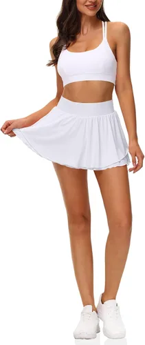 Vista 3 de UrKeuf - Faldas de tenis atléticas con bolsillos de 13 pulgadas y volantes, para golf, correr, entrenamiento, falda pantalón deportiva de seda fría