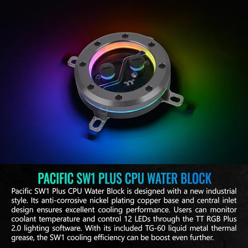 Vista 2 de Thermaltake Pacific SW1 Plus Bloque de agua para CPU, sensor de temperatura, compatible con LGA 1700 / AM5, 12 LED direccionables, control