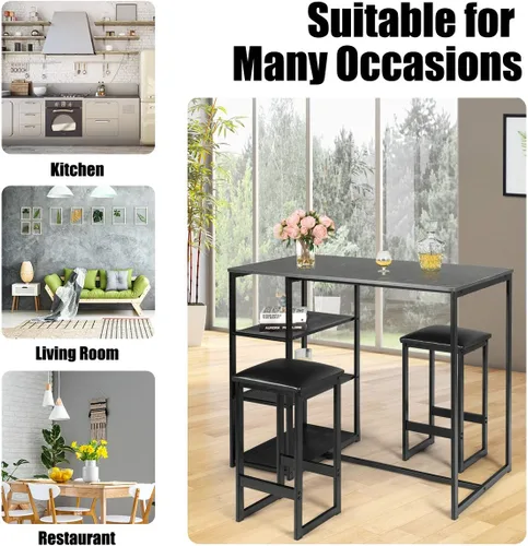 Vista 5 de COSTWAY Juego de comedor de 3 piezas, compacto de 2 sillas y juego de mesa, juego de cocina con mármol sintético rectangular, 3 estantes