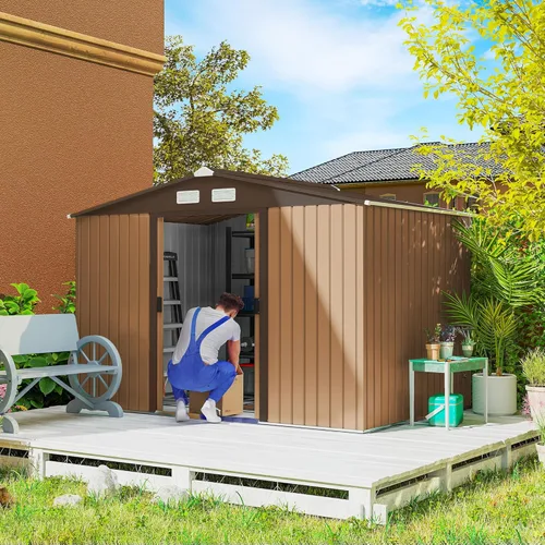 Vista 17 de Outsunny Cobertizo de almacenamiento exterior de 11' x 13', cobertizo de metal para herramientas de jardín con kit de cimentación, puerta con doble