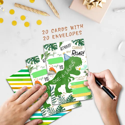 Vista 3 de Invitaciones de primer cumpleaños, tarjetas de invitación de fiesta de dinosaurios para niños y niñas, 20 invitaciones de relleno de doble cara