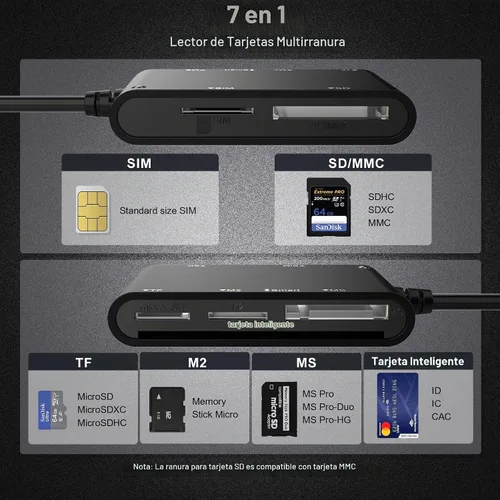 Vista 2 de Lector de tarjetas inteligentes 7 en 1 con conectividad de 3 puertos - Lightning/USB-C/USB-A Lector de tarjetas CAC y PIV, SD/TF/MS Pro