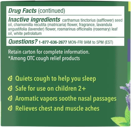 Vista 3 de Mentholatum Ungüento de Fricción Vaporizante Nocturno, Aroma a Lavanda, Supresor de Tos de Fuerza Máxima, Fricción Tópica para el Pecho y Pomada