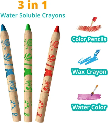 Vista 3 de Channie's Crayones solubles en agua 3 en 1 para niños: crayones de cera, lápices de colores y acuarela, con pincel y sacapuntas gratis, pintura
