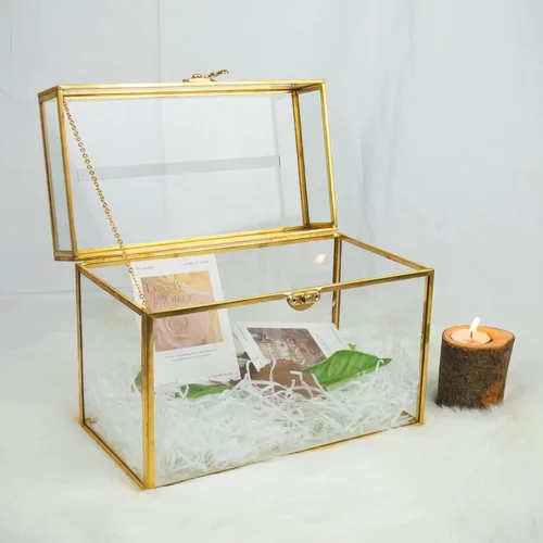Vista 4 de YIMORENCE V Tarjetero de cristal dorado – Caja de sobres de boda con forma rectangular con ranura y pie, perfecto para recepción y centro de mesa