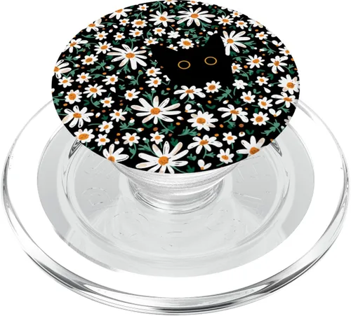Vista 8 de Lindo gato negro escondido en margarita floral gato PopSockets intercambiables PopGrip