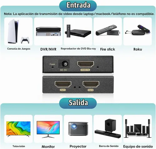Vista 5 de Divisor HDMI 4K 1 en 2 salidas 60Hz - HDCP 2.2/2.3 Bypass, HDR, Dolby Atmos/DTS5.1/7.1 - Compatible con PS5/PS4/PS3, Apple TV, Xbox, caja de cable