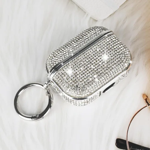 Vista 6 de LUVI Funda para AirPods 3 con diamantes de imitación brillantes y brillantes, bonita funda para niñas y mujeres, carga inalámbrica, piel de lujo