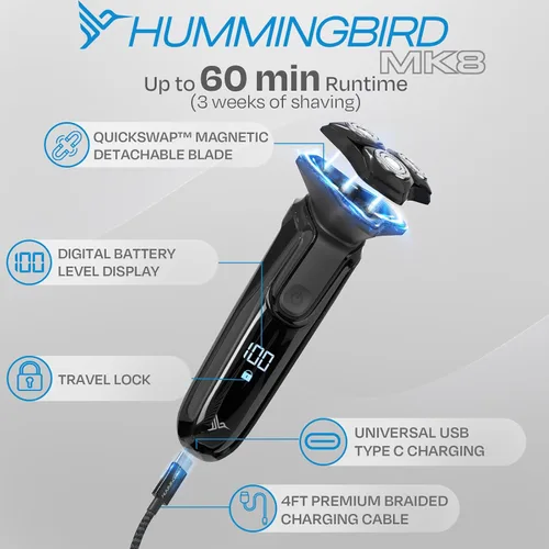 Vista 5 de HUMMINGBIRD MK8 - Afeitadora facial giratoria de alta calidad, afeitadora eléctrica recargable en húmedo y seco con recortadora emergente