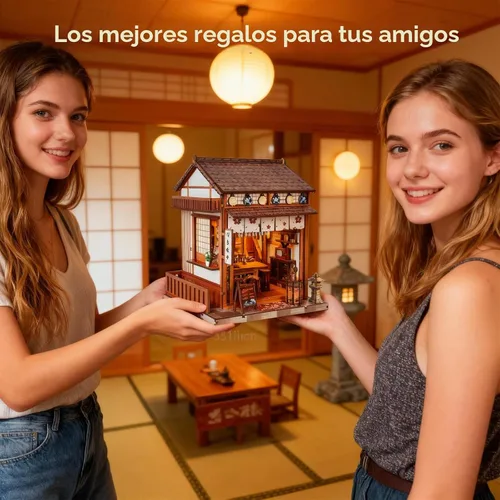 Vista 6 de Kit de rincón de libros para adultos, kit de casa de muñecas Sakura japonesa, kit de casa en miniatura con luz LED, mini kit de construcción Bar