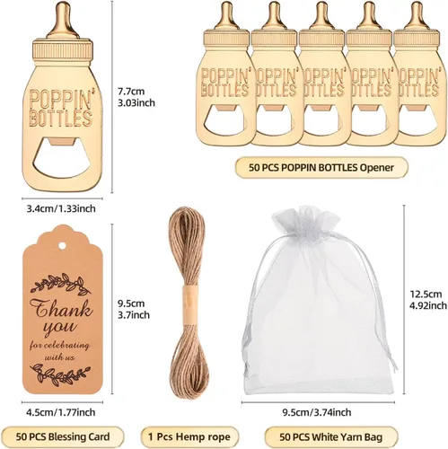 Vista 2 de 50 piezas de abrebotellas con efecto pop para baby shower, lindos recuerdos de abrebotellas con bolsas de organza, regalos de regreso