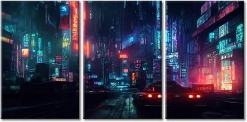 Vista 42 de Cuadros de 3 paneles de Cyberpunk City - Arte de pared de vallas publicitarias de edificios modernos en la capital con obras de arte modernas