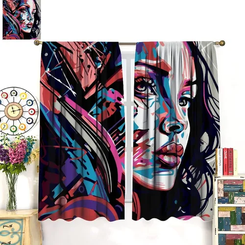 Vista 3 de Cortinas de pared de ladrillo, arte pop de grafiti, hermosas cortinas con estampado de chicas americanas para adolescentes, dormitorio, sala