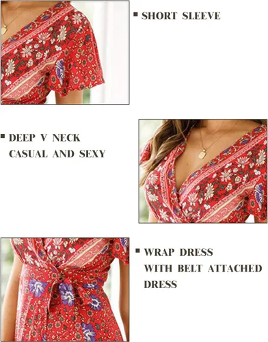 Vista 5 de TEMOFON - Vestido bohemio de verano para mujer, vestido cruzado floral con cuello en V y manga corta, minivestido de playa, S-XL