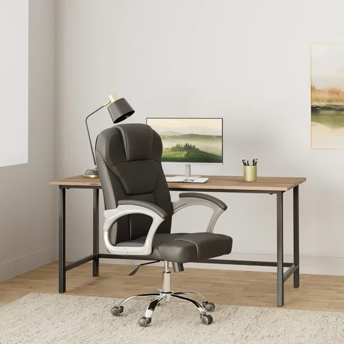 Vista 2 de Comfty Reposacabezas acolchado y silla de oficina de piel ejecutiva de lujo con base cromada, 41.34-45.23 pulgadas, negro