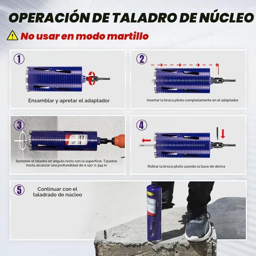 Vista 5 de Broca de núcleo de 4-1/2 pulgadas con broca piloto y adaptadores (SDS Plus y 1/2 pulgada hexagonal), rosca de 5/8"-11, profundidad de 9.5