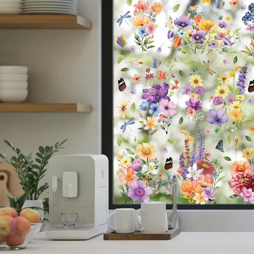 Vista 2 de WALPLUS Decoración de primavera para ventana, decoración de flores, reutilizables, extraíbles para ventanas de vidrio, sala de estar, cuarto
