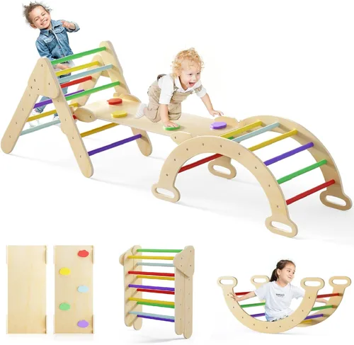 Vista 11 de Olakids Conjunto Triangular Pikler 7 en 1 Juguetes de Escalada para Niños Pequeños de 1 a 3 Años Interior Plegable de Madera Montessori Gimnasio